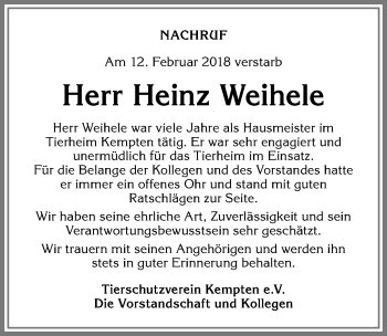 Traueranzeige von Heinz Weihele von Allgäuer Zeitung,Kempten