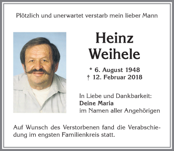Traueranzeige von Heinz Weihele von Allgäuer Zeitung,Kempten