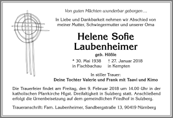 Traueranzeige von Helene Sofie Laubenheimer von Allgäuer Zeitung,Kempten