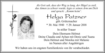 Traueranzeige von Helga Patzner von Allgäuer Zeitung, Füssen