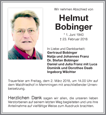 Traueranzeige von Helmut Bobinger von Memminger Zeitung
