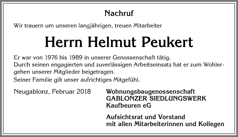  Traueranzeige für Helmut Peukert vom 03.02.2018 aus Allgäuer Zeitung, Kaufbeuren/Buchloe