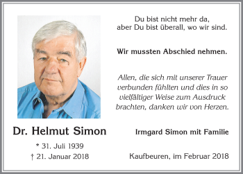 Traueranzeige von Helmut Simon von Allgäuer Zeitung, Kaufbeuren/Buchloe