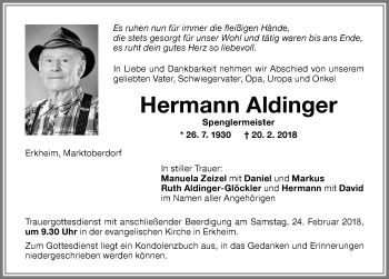 Traueranzeige von Hermann Aldinger von Memminger Zeitung