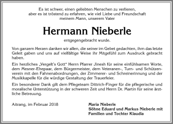 Traueranzeige von Hermann Nieberle von Allgäuer Zeitung, Marktoberdorf