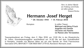 Traueranzeige von Hermann Josef Herget von Allgäuer Zeitung,Kempten