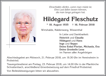 Traueranzeige von Hildegard Fleschutz von Allgäuer Zeitung,Kempten