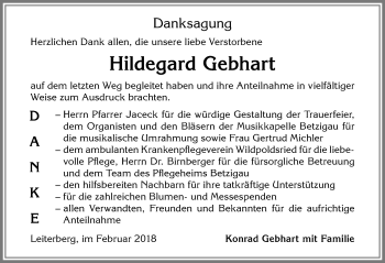 Traueranzeige von Hildegard Gebhart von Allgäuer Zeitung,Kempten