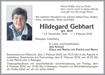 Traueranzeige von Hildegard Gebhart von Allgäuer Zeitung,Kempten