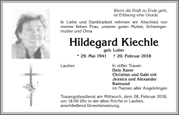 Traueranzeige von Hildegard Kiechle von Allgäuer Zeitung,Kempten