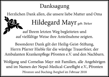 Traueranzeige von Hildegard Mayr von Allgäuer Zeitung, Füssen