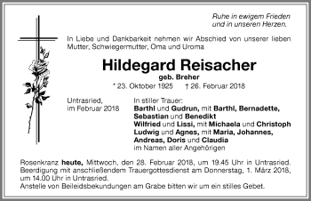Traueranzeige von Hildegard Reisacher von Allgäuer Zeitung, Marktoberdorf