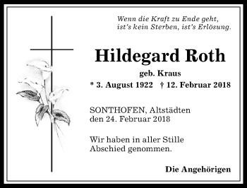 Traueranzeige von Hildegard Roth von Allgäuer Anzeigeblatt