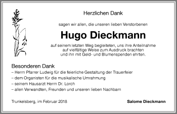 Traueranzeige von Hugo Dieckmann von Memminger Zeitung