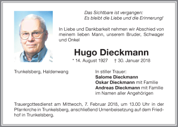 Traueranzeige von Hugo Dieckmann von Memminger Zeitung
