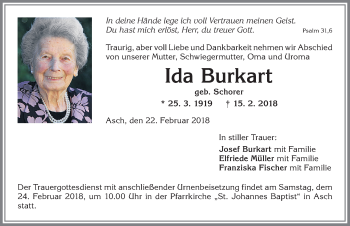 Traueranzeige von Ida Burkart von Allgäuer Zeitung, Kaufbeuren/Buchloe
