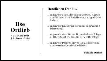 Traueranzeige von Ilse Ortlieb von Allgäuer Anzeigeblatt