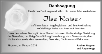Traueranzeige von Ilse Raiser von Allgäuer Zeitung, Füssen