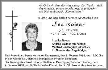 Traueranzeige von Ilse Raiser von Allgäuer Zeitung, Füssen