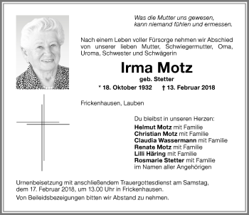 Traueranzeige von Irma Motz von Memminger Zeitung