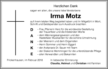 Traueranzeige von Irma Motz von Memminger Zeitung