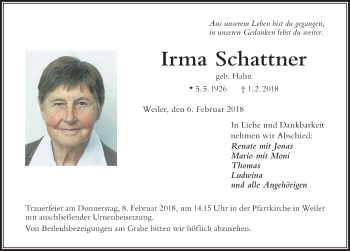 Traueranzeige von Irma Schattner von Der Westallgäuer