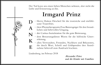 Traueranzeige von Irmgard Prinz von Der Westallgäuer