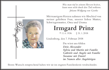 Traueranzeige von Irmgard Prinz von Der Westallgäuer