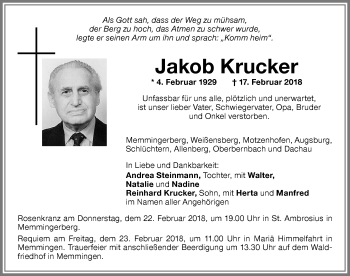 Traueranzeige von Jakob Krucker von Memminger Zeitung