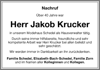 Traueranzeige von Jakob Krucker von Memminger Zeitung