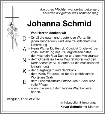 Traueranzeige von Johanna Schmid von Memminger Zeitung