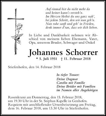 Traueranzeige von Johannes Schorrer von Der Westallgäuer
