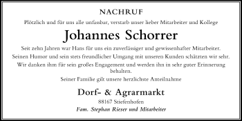 Traueranzeige von Johannes Schorrer von Der Westallgäuer