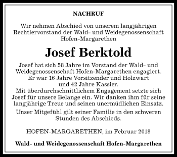 Traueranzeige von Josef Berktold von Allgäuer Anzeigeblatt