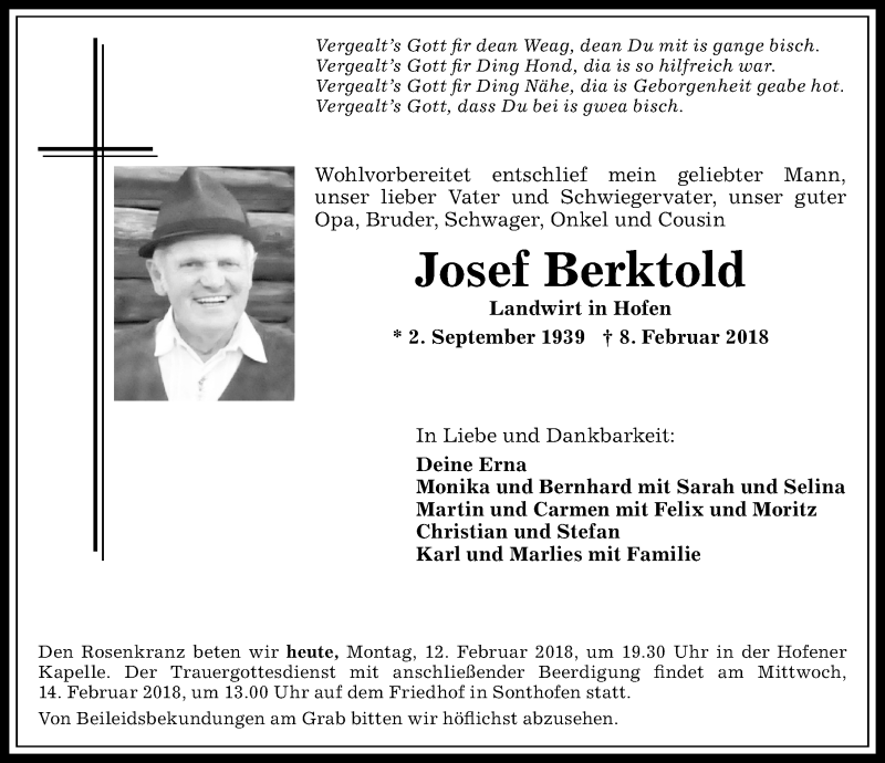  Traueranzeige für Josef Berktold vom 12.02.2018 aus Allgäuer Anzeigeblatt