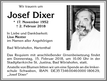 Traueranzeige von Josef Dixer von Allgäuer Zeitung