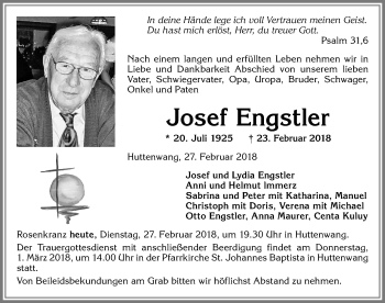 Traueranzeige von Josef Engstler von Allgäuer Zeitung, Marktoberdorf