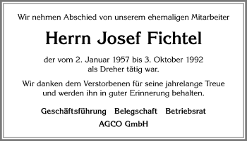 Traueranzeige von Josef Fichtel von Allgäuer Zeitung, Marktoberdorf