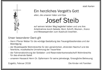 Traueranzeige von Josef Steib von Der Westallgäuer