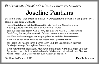 Traueranzeige von Josefine Panhans von Allgäuer Zeitung, Kaufbeuren/Buchloe
