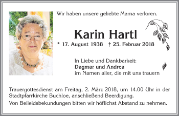 Traueranzeige von Karin Hartl von Allgäuer Zeitung, Kaufbeuren/Buchloe