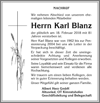 Traueranzeige von Karl Blanz von Allgäuer Zeitung