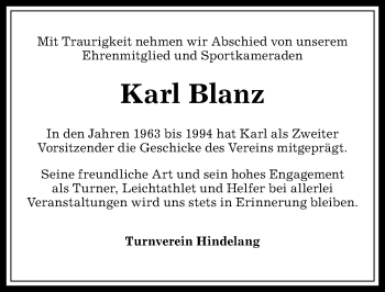 Traueranzeige von Karl Blanz von Allgäuer Anzeigeblatt