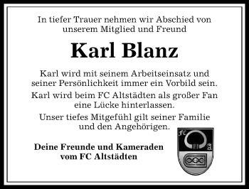 Traueranzeige von Karl Blanz von Allgäuer Anzeigeblatt