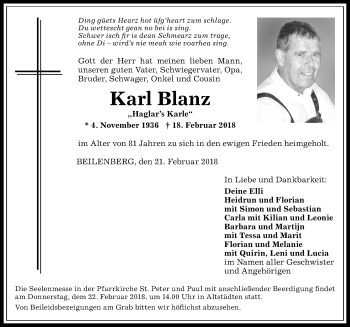 Traueranzeige von Karl Blanz von Allgäuer Anzeigeblatt