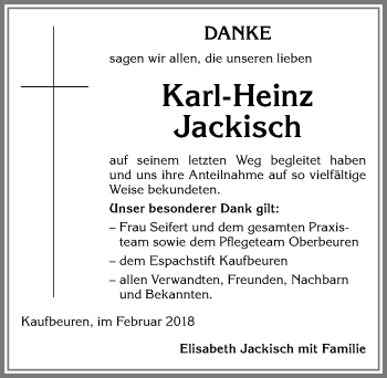 Traueranzeige von Karl-Heinz Jackisch von Allgäuer Zeitung, Kaufbeuren/Buchloe
