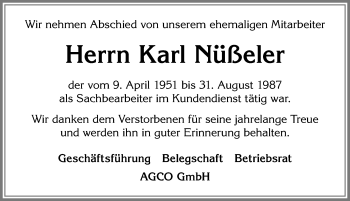 Traueranzeige von Karl Nüßeler von Allgäuer Zeitung, Marktoberdorf