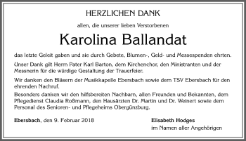 Traueranzeige von Karolina Ballandat von Allgäuer Zeitung, Marktoberdorf