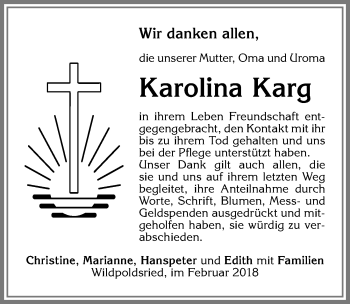 Traueranzeige von Karolina Karg von Allgäuer Zeitung,Kempten