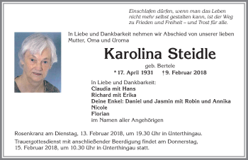 Traueranzeige von Karolina Steidle von Allgäuer Zeitung, Marktoberdorf